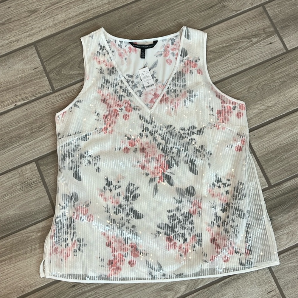 NWT White House Black Market sequin overlay tank white floral size L